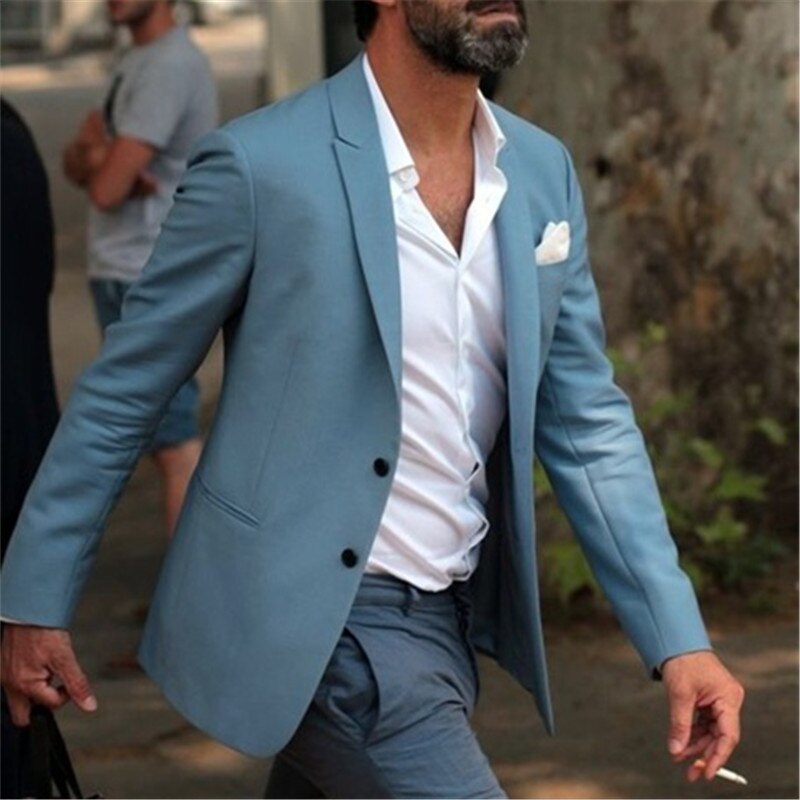 Men's Light Blue Casual 2-Piece Blazer Suit Set for Wedding (Jacket, Pants, Tie)