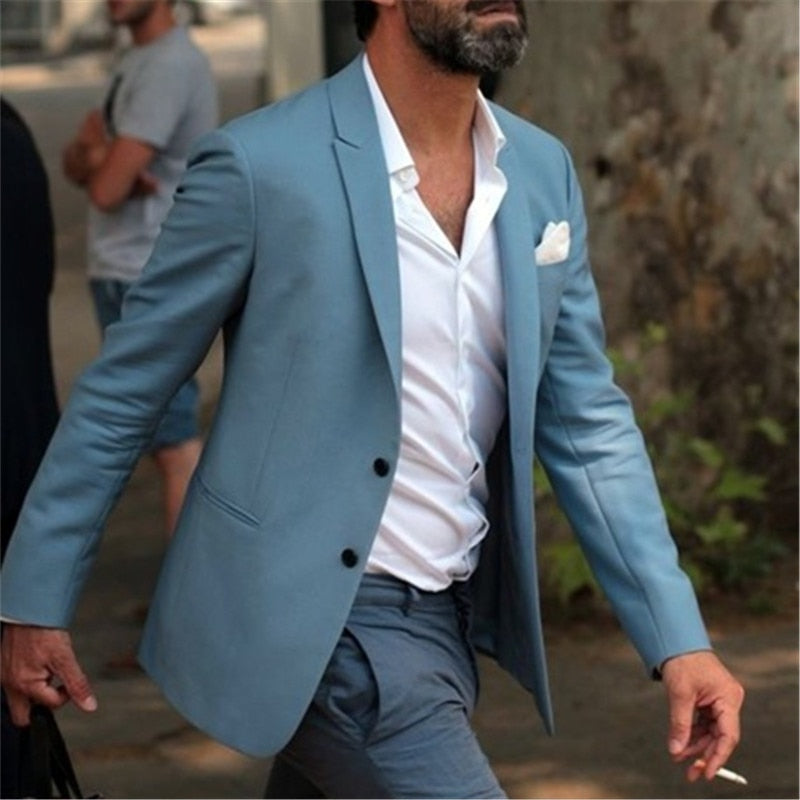 Men's Light Blue Casual 2-Piece Blazer Suit Set for Wedding (Jacket, Pants, Tie)