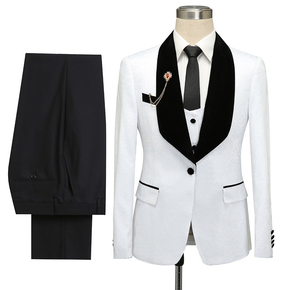 Men's Black Lapel White Print Single Button Suit