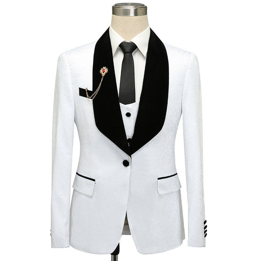 Men's Black Lapel White Print Single Button Suit