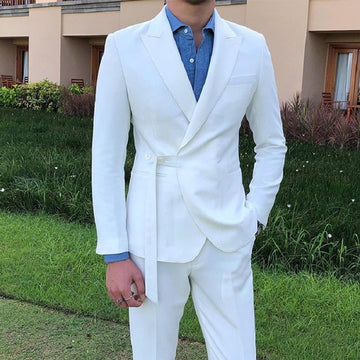 Men Suits White Groom Tuxedos Peak Lapel Groomsmen Wedding Best Man 2 Pieces