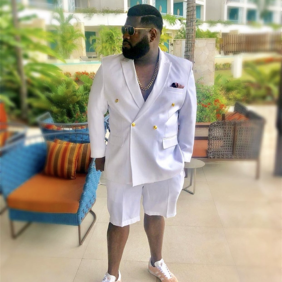 New Summer White Men Suits Slim Fit 2 Piece Double Breasted Blazer With Short Pant/Classic Fit Formal Wedding Groom Wear