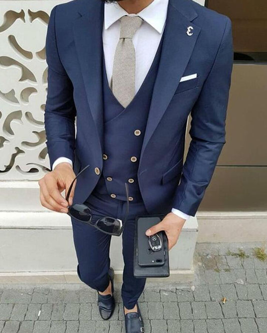 Costume vintage pour homme, costume classique bleu marine, gris champagne, costume fumeur, costume de banquet, mariage, bal de promo (blazer + gilet + pantalon) 