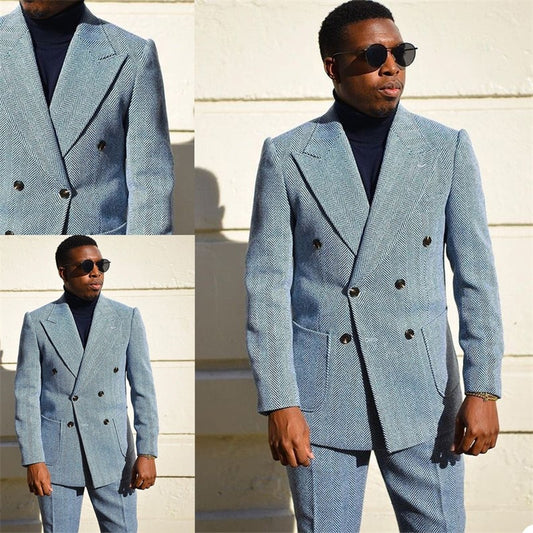 Herringbone Men Suits Lapel Light Blue Vintage Tailored Fit Suits For Best Men Double Breasted Coat+Pant