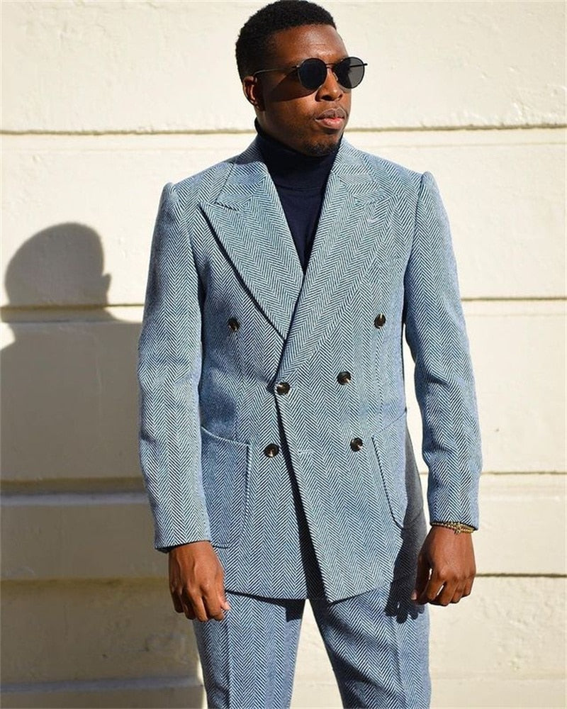 Herringbone Men Suits Lapel Light Blue Vintage Tailored Fit Suits For Best Men Double Breasted Coat+Pant