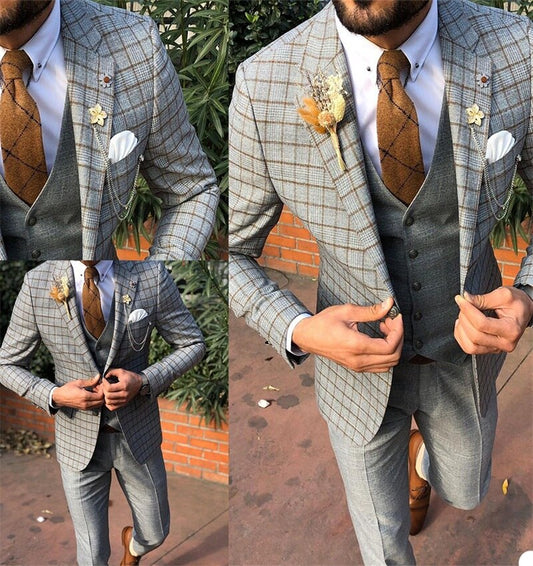 Traje de tres piezas gris claro para hombre, corte entallado, para boda, de algodón y poliéster, con dos botones, para negocios. 