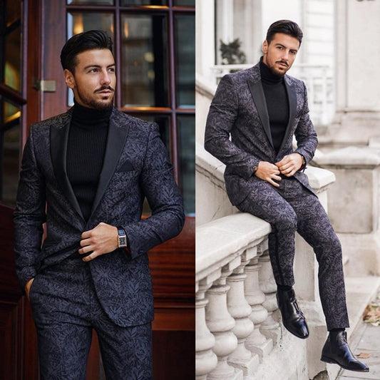 Men Suits Printing 2 Piece (Coat+pants) Peaked Lapel Costume Homme Formal Men Suit Custom Made