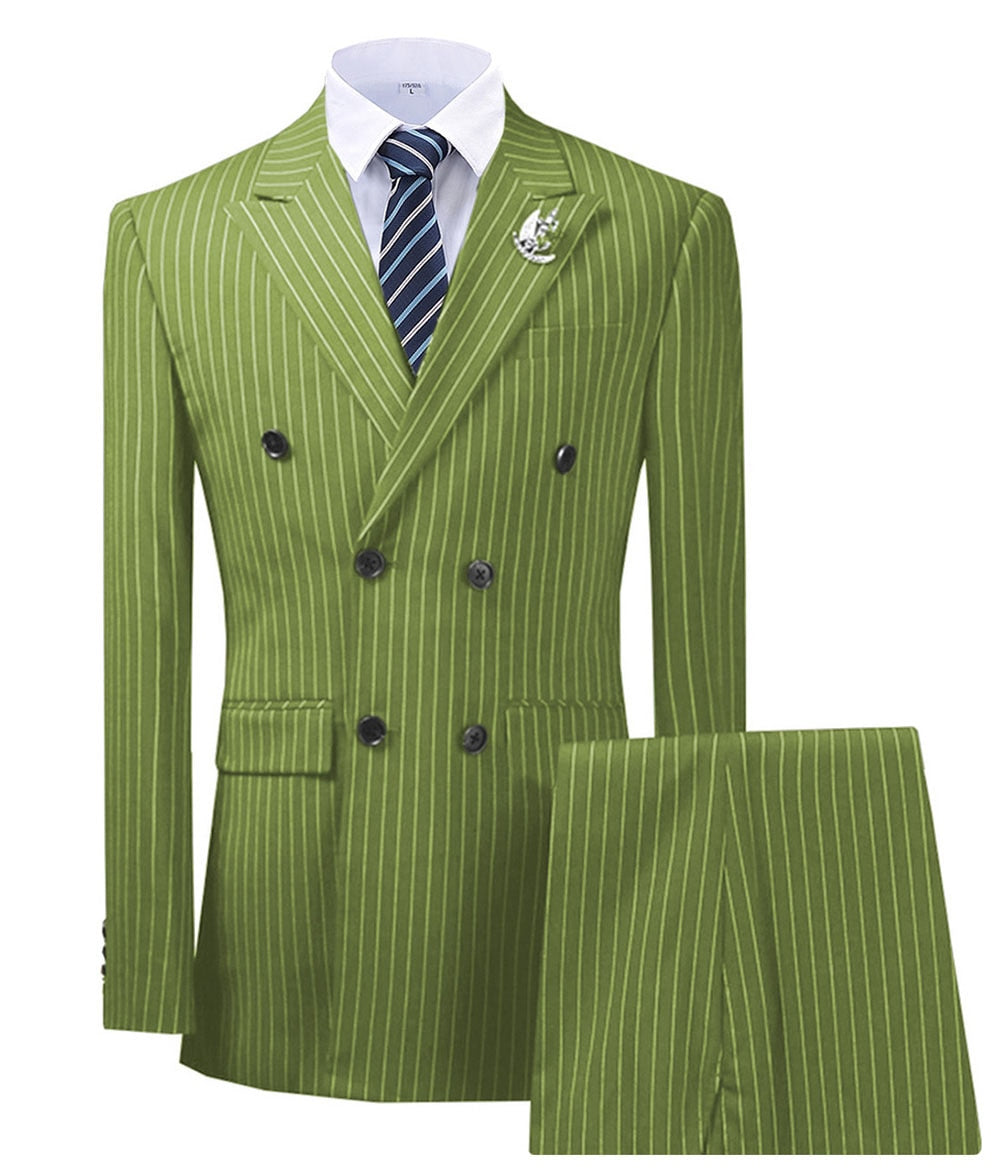 Olive Green Men's Suit 2 Pieces Pinstripe Notched Lapel Tuxedos Slim Fit Groomman