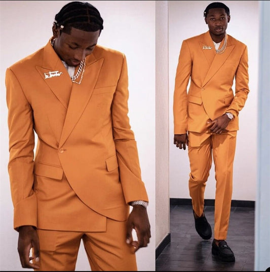 Orange 2 Pieces Men Suits One Button Blazer Peaked Lapel Pocket Tuxedos Causal Party Prom Jacket+Pant Sets Custom Made