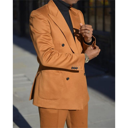 Orange Double Breasted Suits Slim Fit Party Wear Two Pieces Formal Business Occasion Peaked Lapel Coat+Pant Tuxedos Men