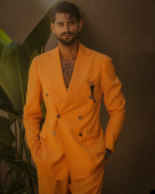 Trajes de hombre de raya naranja, 2 piezas, blazer, pantalones, a medida, cruzados, moda formal, negocios, novio, casual, a medida. 