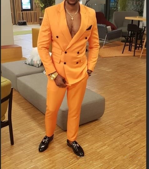 Orange Yellow Double Breasted Men Slim Fit Casual Suits Men Custom Made Grooming 2 Piece Classic Suits Jacket Pants Traje Hombre