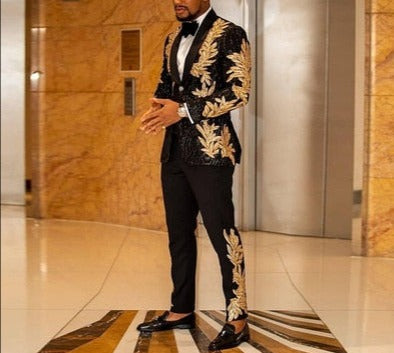 Men's Sequins Floral 2 Pieces Set Suits Singer Performance Wedding Groom Prom Tuxedo Tuxedos
