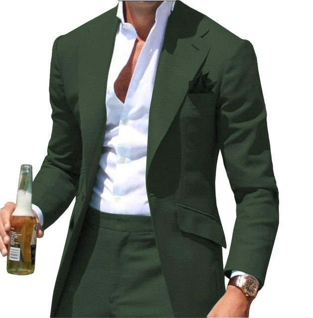 Peak Collar Men Suits Slim Fit Notched Green Men Suit Blazers Jackets Pants 2 Piece Formal Causal Business Wedding Groom Wear