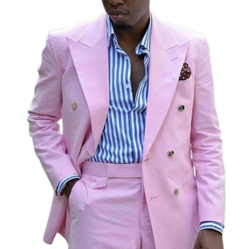 Pink Prom Suits Men with Double Breasted Peaked Lapel 2 Piece Custom Tuxedo Blazer Pants