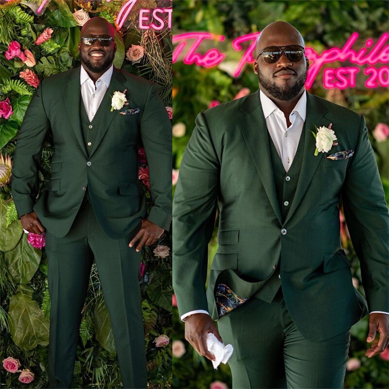 Costumes pour hommes grande taille, smokings de mariage verts à revers crantés, costumes blazer sur mesure, ensemble 3 pièces, costumes de fête, costumes de bal pour hommes 