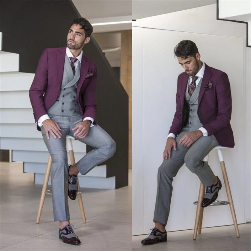 Purple Jacket Grey Vest Pant Costume Homme Men Suits Groom Tuxedos Peak Lapel Wedding Terno Slim Fit 3 Pieces