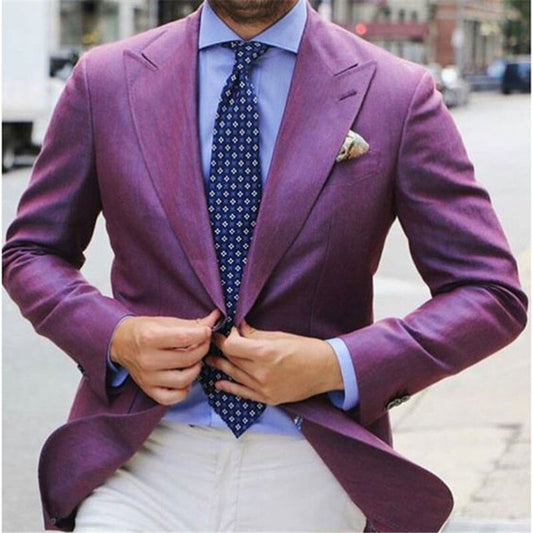 Conjunto de traje morado para hombre, chaqueta, pantalón blanco, 2 piezas (chaqueta, pantalón y corbata), esmoquin de boda a medida, ropa de fiesta. 