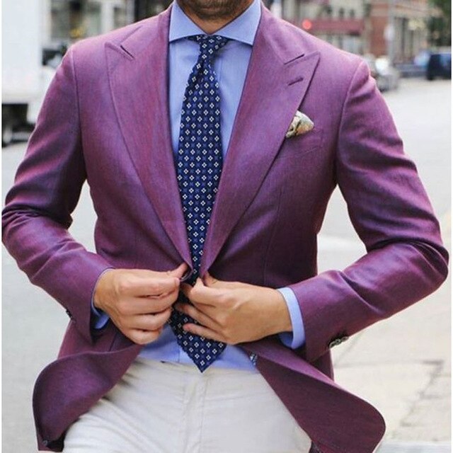 Men's Purple Suit Set with Blazer, White Trousers & Tie for Weddings, Parties & Formal Occasions