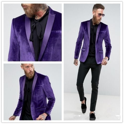 Trajes de hombre de terciopelo morado, pantalón negro, para negocios, novio, esmoquin, 2 piezas, chaqueta, pantalón, blazer 