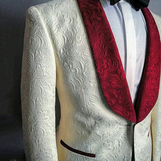 Real Photo Costume Homme Mariage Print Ivory Pattern Wedding Suits for Groom Tuxedos Jacquard Groosmen Blazer 2 Pcs