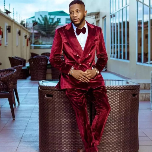 Trajes de hombre rojos de 2 piezas, blazer, pantalones, doble botonadura, terciopelo, uniforme, trabajo, boda, novio, formal, trabajo, fiesta, casual, a medida. 