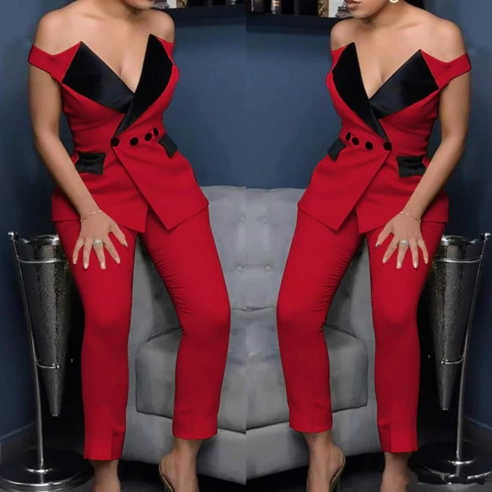 Costume rouge pour mère de la mariée, 2 pièces, épaules dénudées, pour bal de promo, soirée, smoking, blazer, pour mariage (veste + pantalon) 