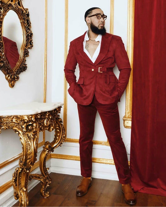 Red Velvet Wedding Tuxedos Men 2 Pieces Groom Suits Peaked Lapel Slim Fit Prom Party Blazer Jacket (jacket+pants)