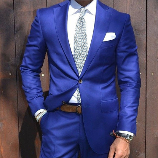 Royal Blue Groom Tuxedos 2 Piece Slim Fit Men Wedding Prom Party Blazers Casual Man Tailor Made Bridegroom Suit Jacket+Pants