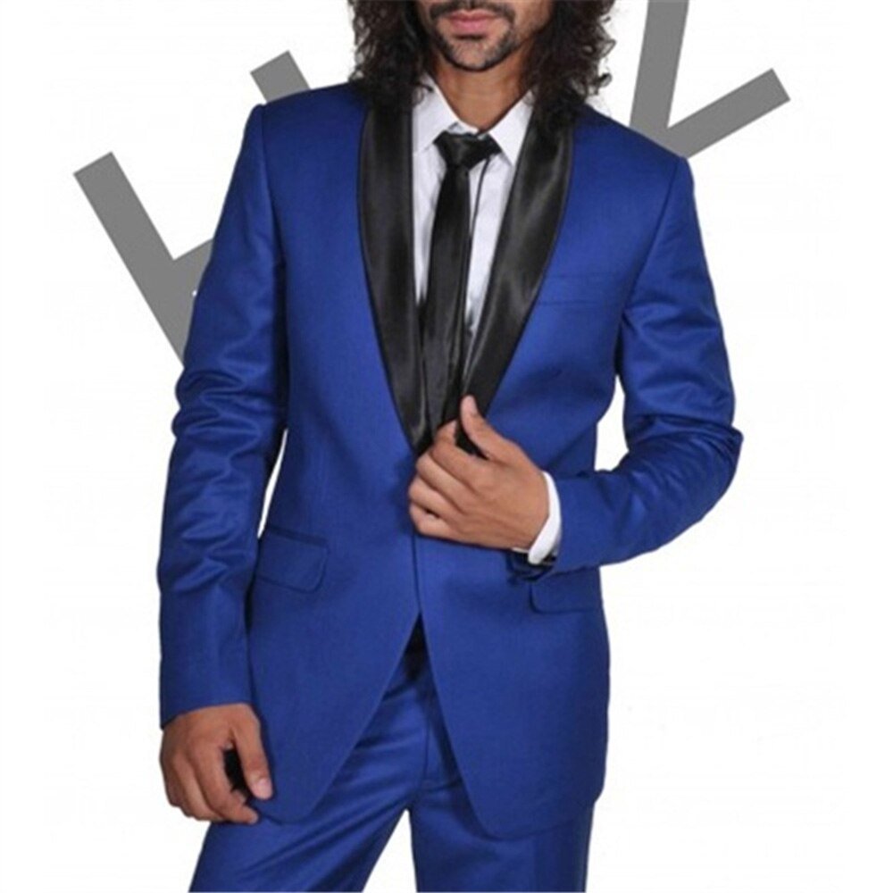 Trajes de hombre azul real para boda, 2 piezas (chaqueta, pantalón y corbata), solapa chal negra, corte entallado, blazer y pantalón para novio. 