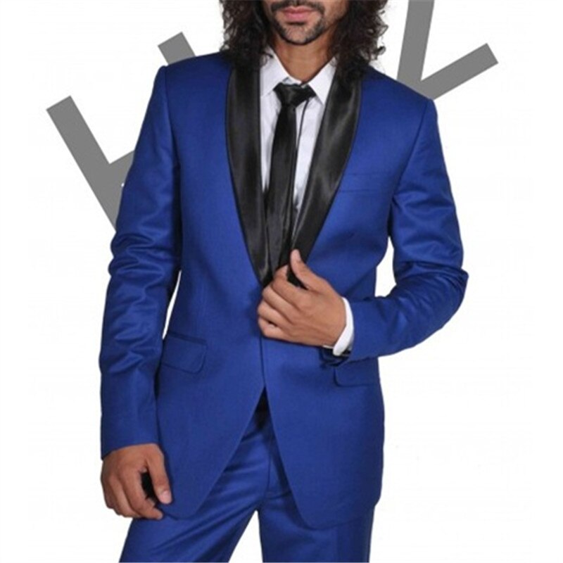 Trajes de hombre azul real para boda, 2 piezas (chaqueta, pantalón y corbata), solapa chal negra, corte entallado, blazer y pantalón para novio. 