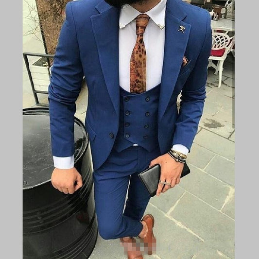 Traje de novio azul real con solapa de pico, traje de boda para hombre, 3 piezas (chaqueta, pantalón, chaleco y corbata) 