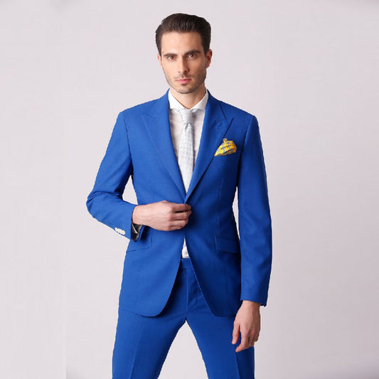 Trajes de solapa con pico azul real para hombre de negocios, traje de esmoquin para novio, ropa para hombre, 2 piezas, chaqueta, pantalón, blazer masculino 