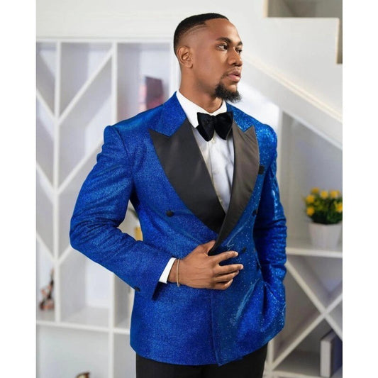 Royal Blue Sequined Men Wedding Tuxedos Suits Costume Homme Slim Fit Outfits Party Prom Peak Lapel Blazer 2 Pieces