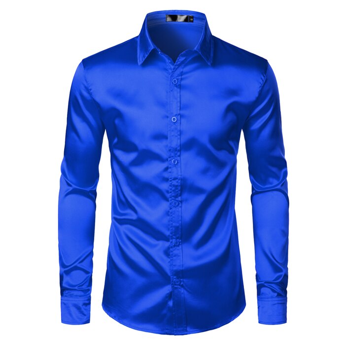 Royal Blue Silk Satin Shirt Men Slim Fit Men Dress Shirts Wedding Party Casual Shirt Chemise