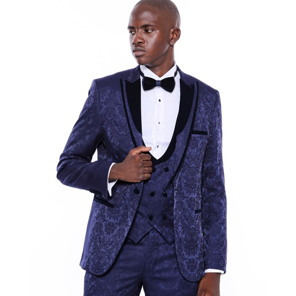 Traje de boda en jacquard azul real para hombre, conjunto de chaqueta, corte entallado, para cena formal, esmoquin, 3 piezas (blazer, pantalón y chaleco) 