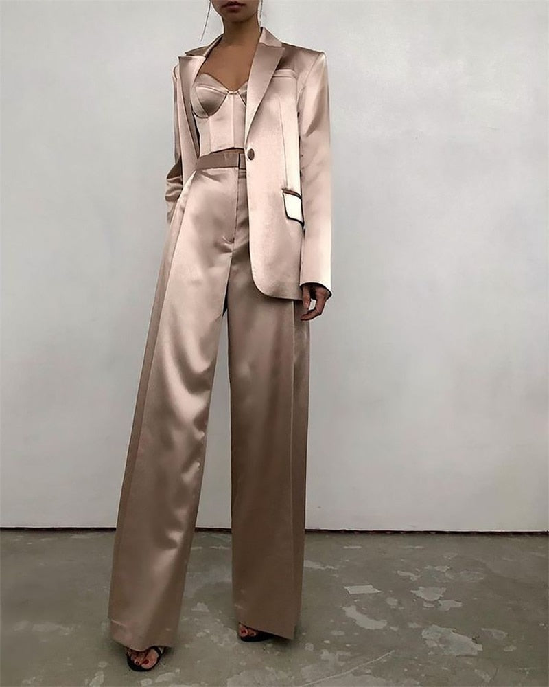 Silk Satin 3 Pcs Women Suits Blazer+Bra+Pants Lady Office Tuxedos Formal Work Party Prom Dress Pants Suit Set