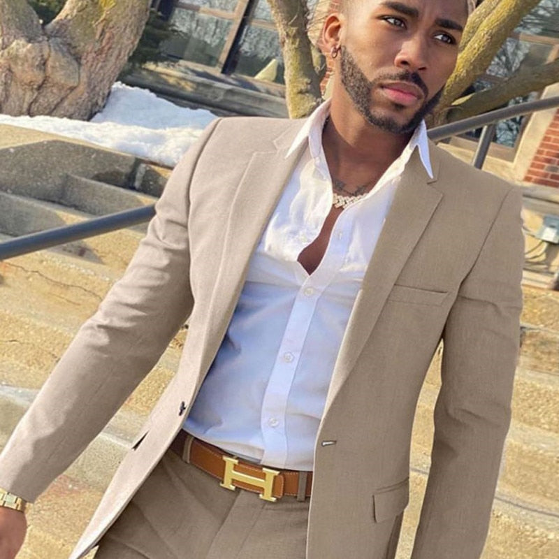 2 Pieces Beige Suit Men Slim Fit Wedding Groom Tuxedo Groomsmen Suits Smoking Costume Homme Blazer with Pants