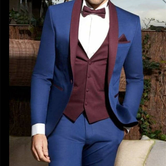 Blazer bleu roi à revers châle pour homme, tenue de mariage, de soirée, d'affaires, 3 pièces, veste, pantalon et gilet bordeaux 