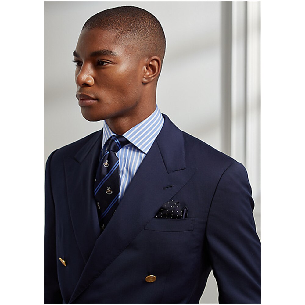 Navy Blue Peak Lapel Double Breasted Suits Men's Gold Buttons Costume Bridegroom Wedding Blazer 2 Pieces Slim Fit (Jacket+Pants)