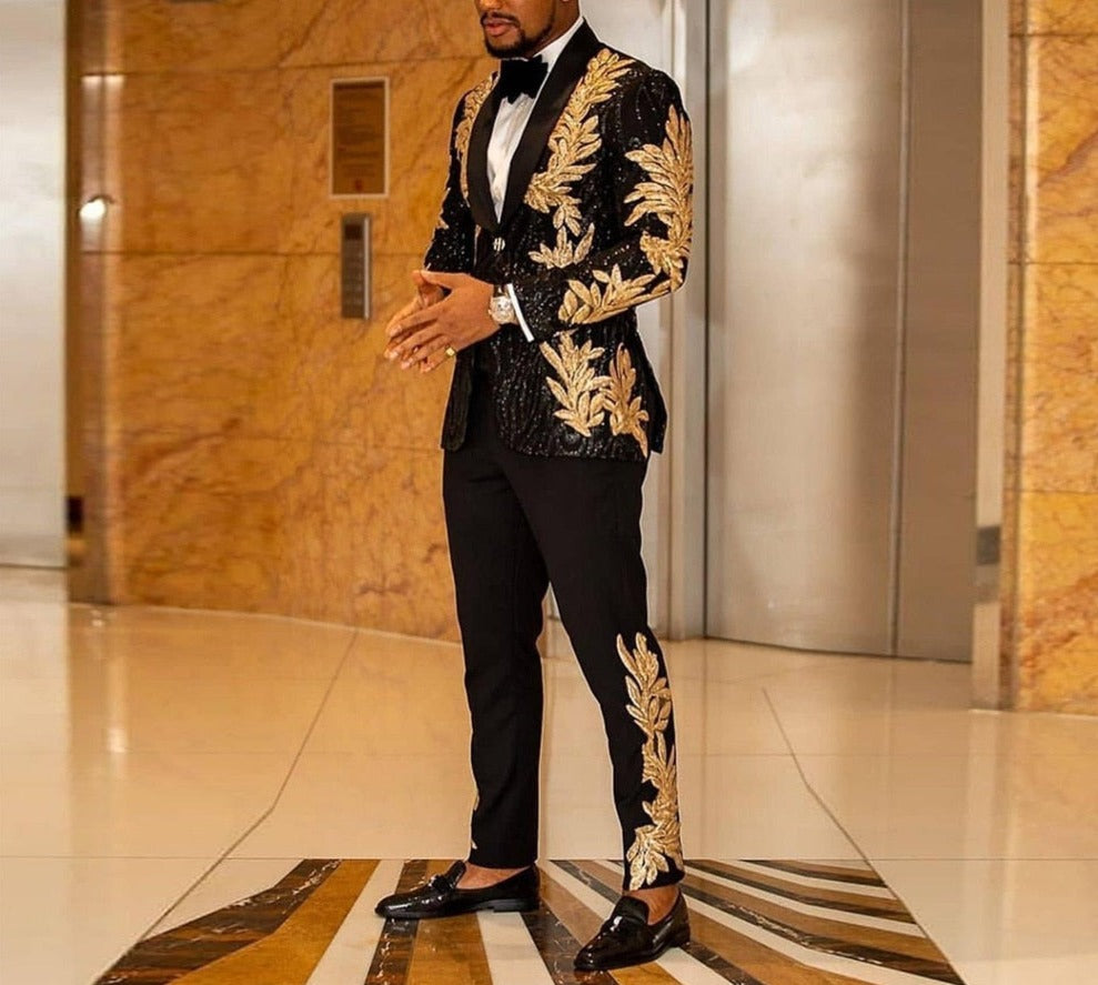 Men's Sequins Floral 2 Pieces Set Suits Singer Performance Wedding Groom Prom Tuxedo Tuxedos