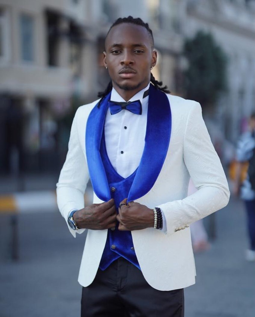 Conjuntos de Blazer, Traje Masculino, Blazer Jacquard Blanco, Cuello y Chaleco de Terciopelo Marrón, Traje de Novio de Lujo de 3 Piezas para Boda, Frac 
