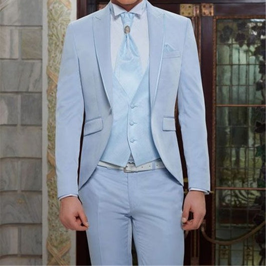 Blue Classic Men Suit For Beach Wedding Party Tuxedos Custom 3 Pieces Terno (Jacket+Pants+Vest+Tie)