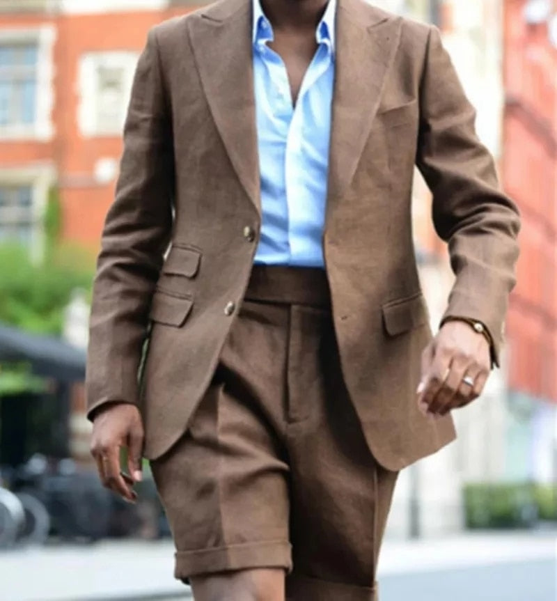 Men's Brown Summer Linen Peaked Lapel 2-Piece Short Suit (Blazer, Short Pants) for Casual Street Wear