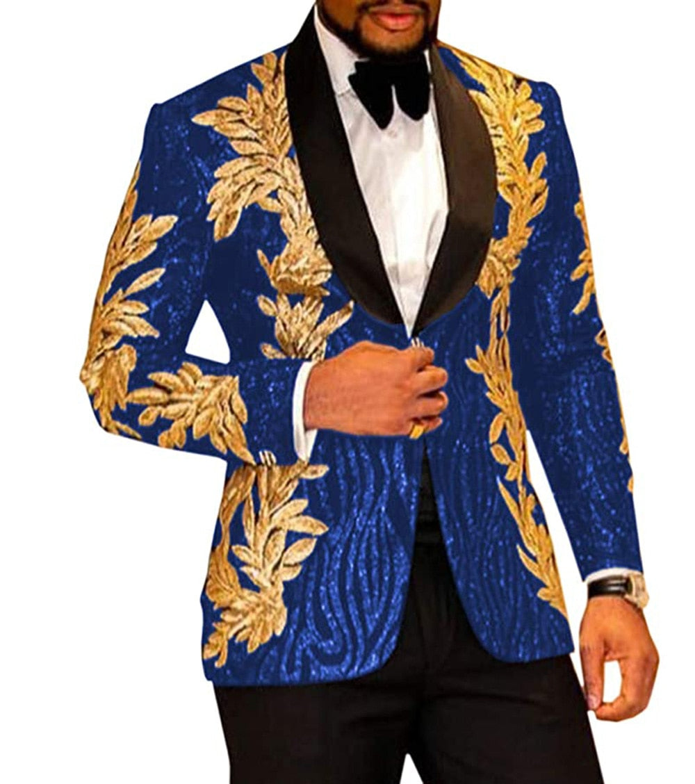 Men's Suit 2 Pieces Navy Slim Shiny Glitter Gold Applique Prom Dress Jacket Party Suits Set (Blazer + Pants)