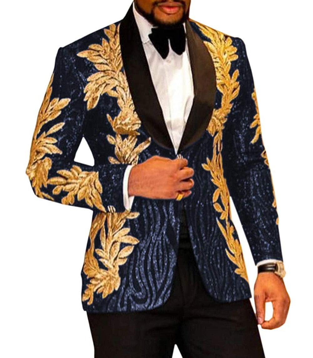 Men's Suit 2 Pieces Navy Slim Shiny Glitter Gold Applique Prom Dress Jacket Party Suits Set (Blazer + Pants)