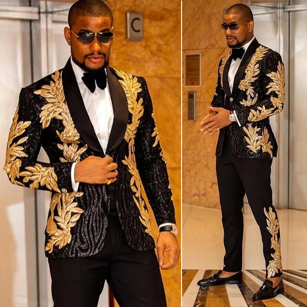Costume 2 pièces pour homme, bleu marine, slim, brillant, paillettes, appliques dorées, robe de bal, veste, costume de soirée (blazer + pantalon)