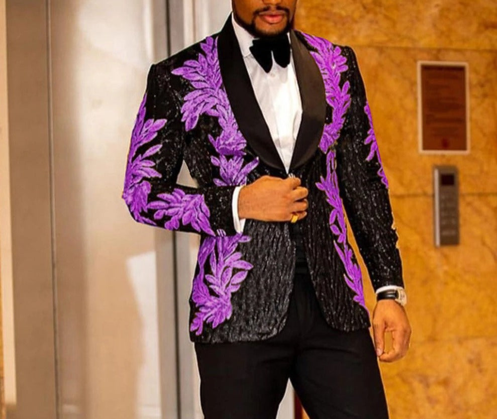 Men's Sequins Floral 2 Pieces Set Suits Singer Performance Wedding Groom Prom Tuxedo Tuxedos