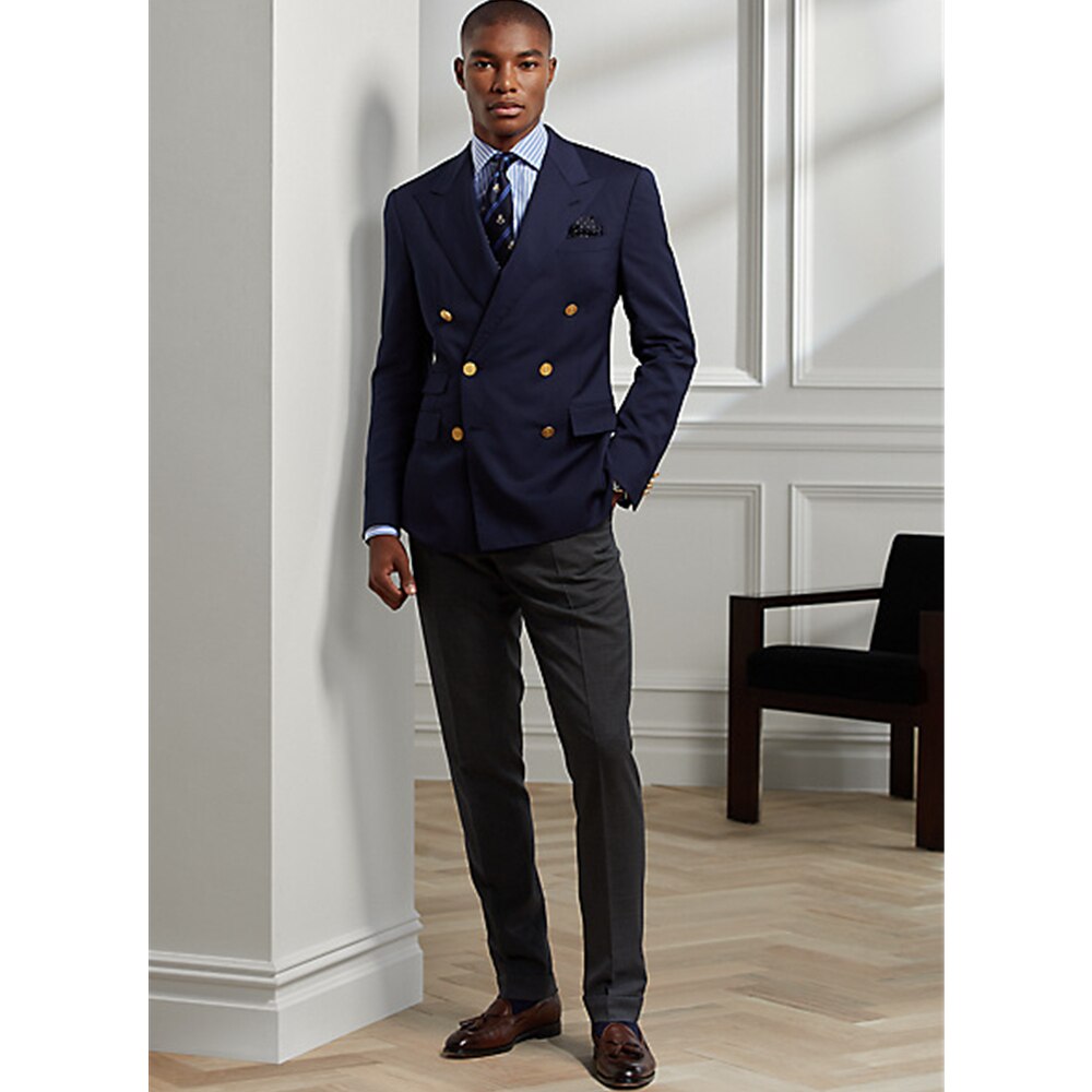 Navy Blue Peak Lapel Double Breasted Suits Men's Gold Buttons Costume Bridegroom Wedding Blazer 2 Pieces Slim Fit (Jacket+Pants)