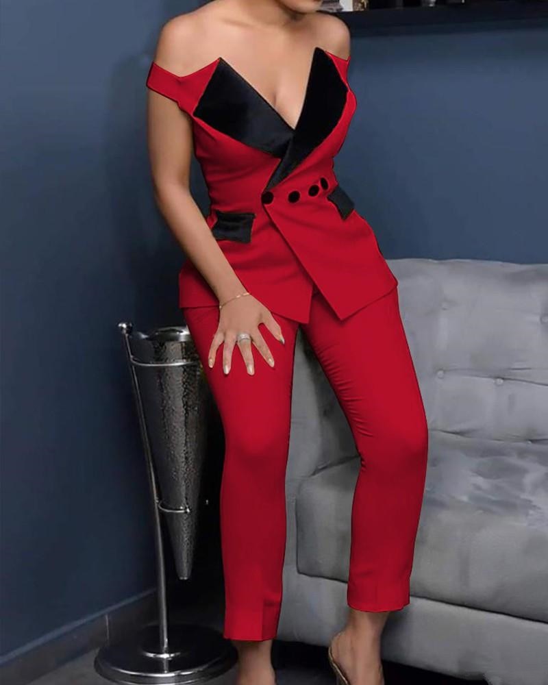 Costume rouge pour mère de la mariée, 2 pièces, épaules dénudées, pour bal de promo, soirée, smoking, blazer, pour mariage (veste + pantalon) 